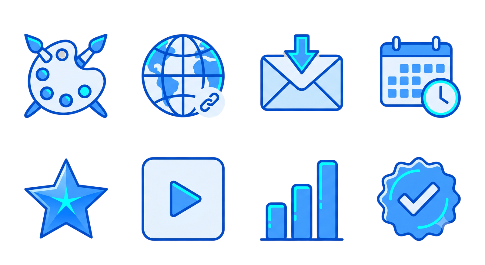 uneb.io feature icons: themes, custom domain, email capture, scheduling, spotlight, embeds, analytics, verified badge