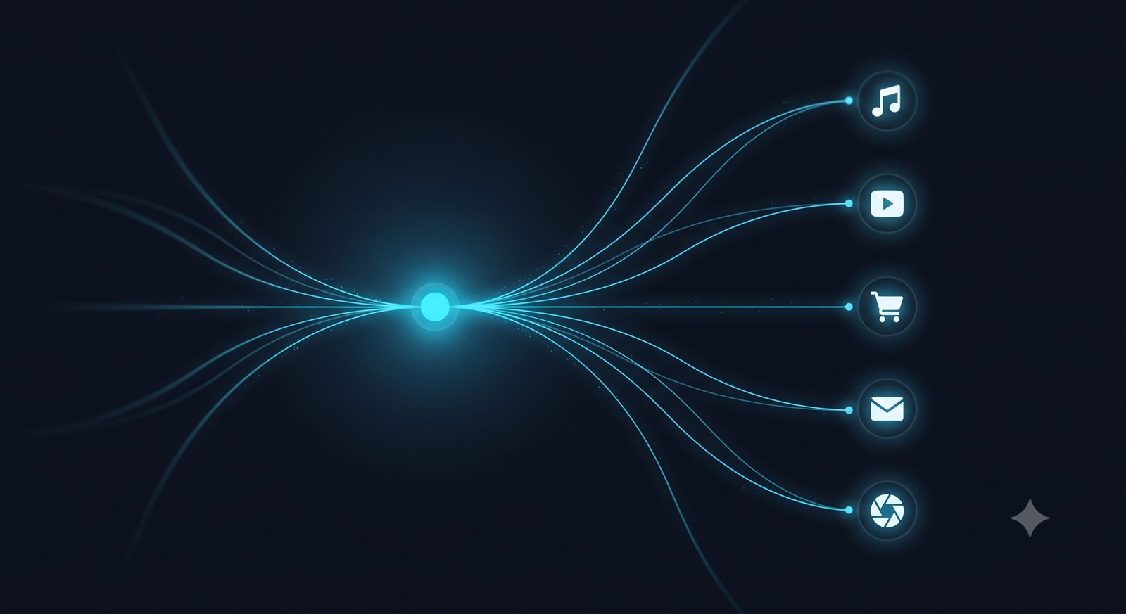 A central node routing curved lines out to music, video, shop, mail and camera destinations