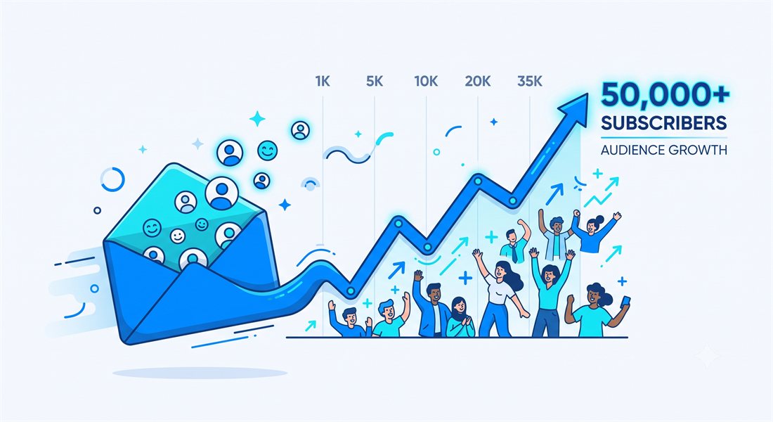 An envelope growing into a rising line graph of subscribers